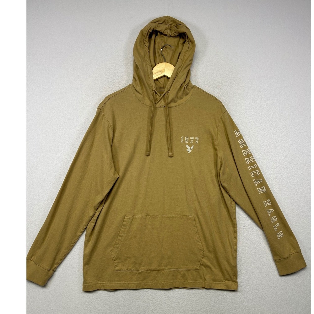 Casual American Eagle Mens Large Tan Super Soft Hooded Graphic Tee Shirt